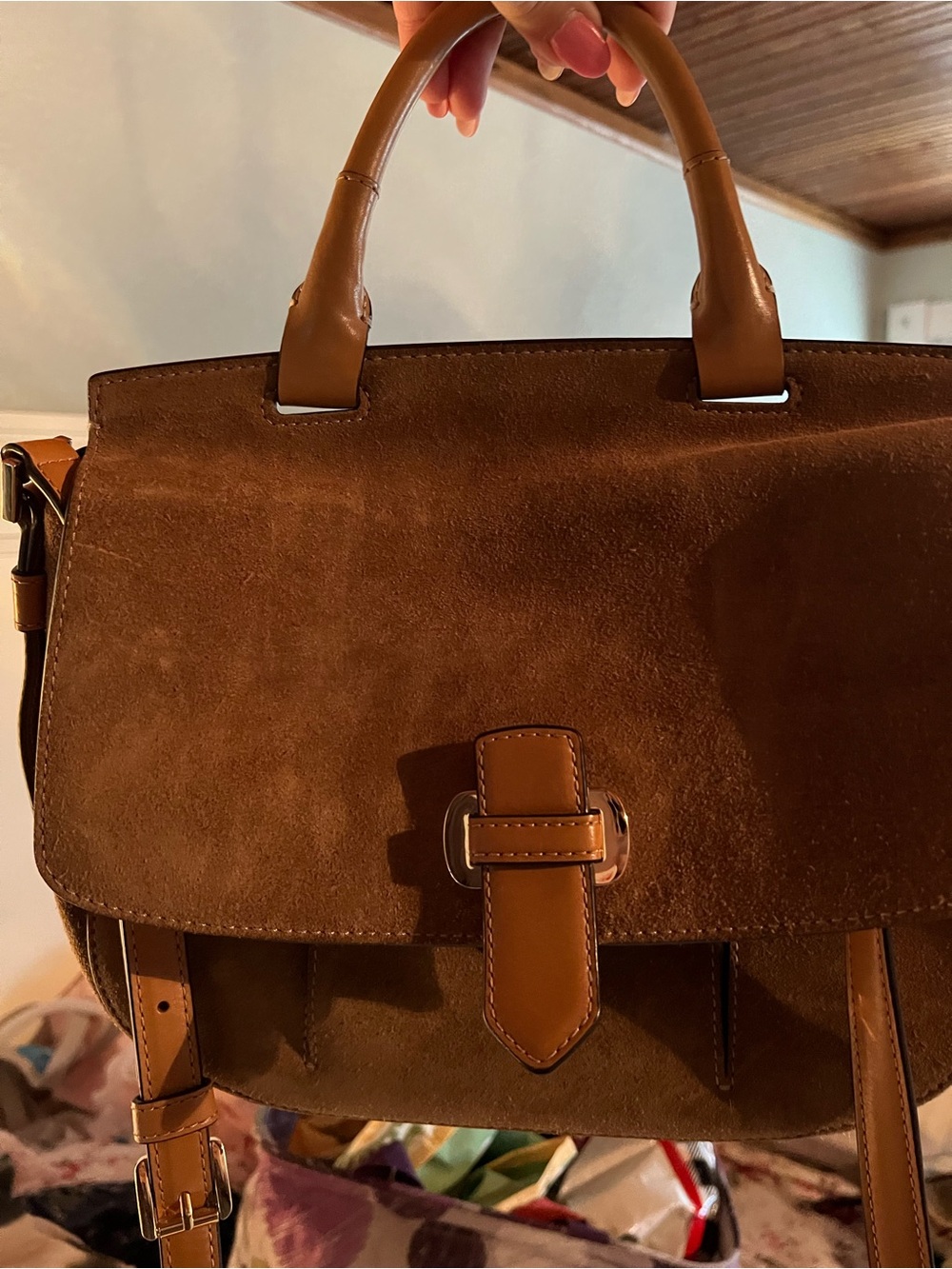 Michael Kors Suede Satchel in Chocolate Brown with Tan Trim - Picture 7 of 7
